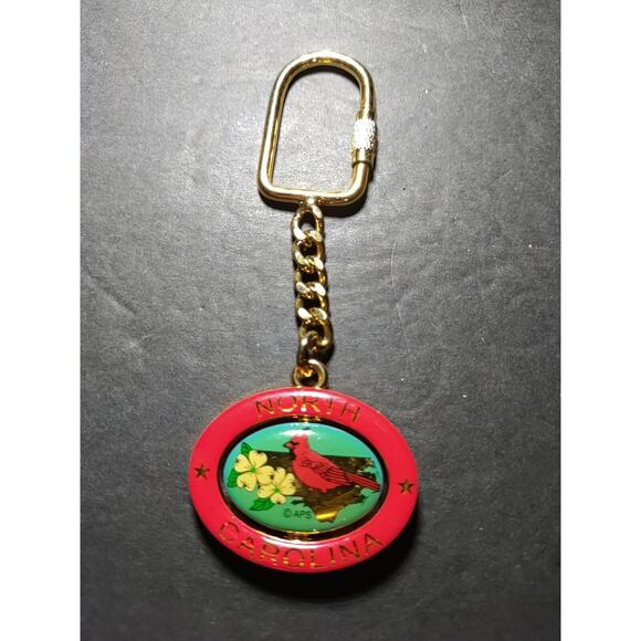 North Carolina Spinner Keychain Dogwood Cardinal Red Gold Tone - Picture 4 of 4